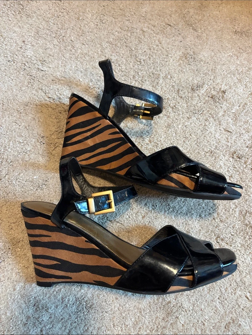 Black Patent Leather Strappy Heels with Animal-Print Insole -